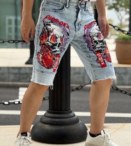 Trendy Men's Denim Shorts   Fashion Devil Print   Washed and Antique Finish   Hole and Wear Effects