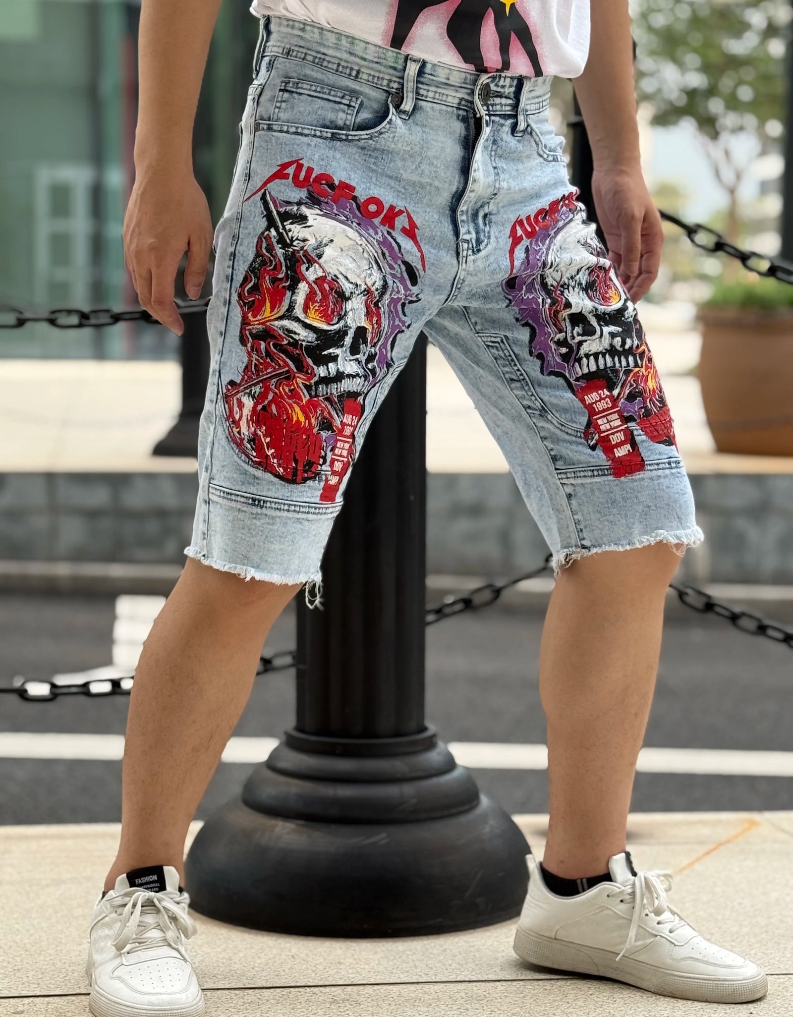 Trendy Men's Denim Shorts   Fashion Devil Print   Washed and Antique Finish   Hole and Wear Effects