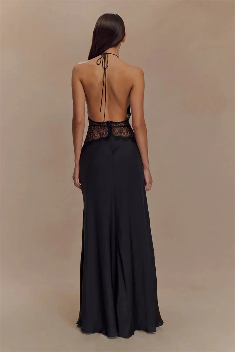 Summer Sexy Maxi Dress Women's Backless Lace Halter Deep V Neck Sleeveless High Waist Elegant Long Gown Floor-Length Polyester