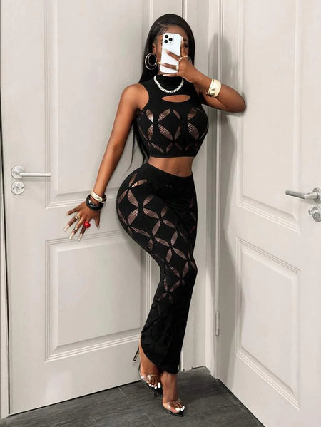 Women's Sexy Two Piece Set See Through Mesh Hollow Out Crop Tank & High Waist Bodycon Mini Skirt Stretchy Clubwear
