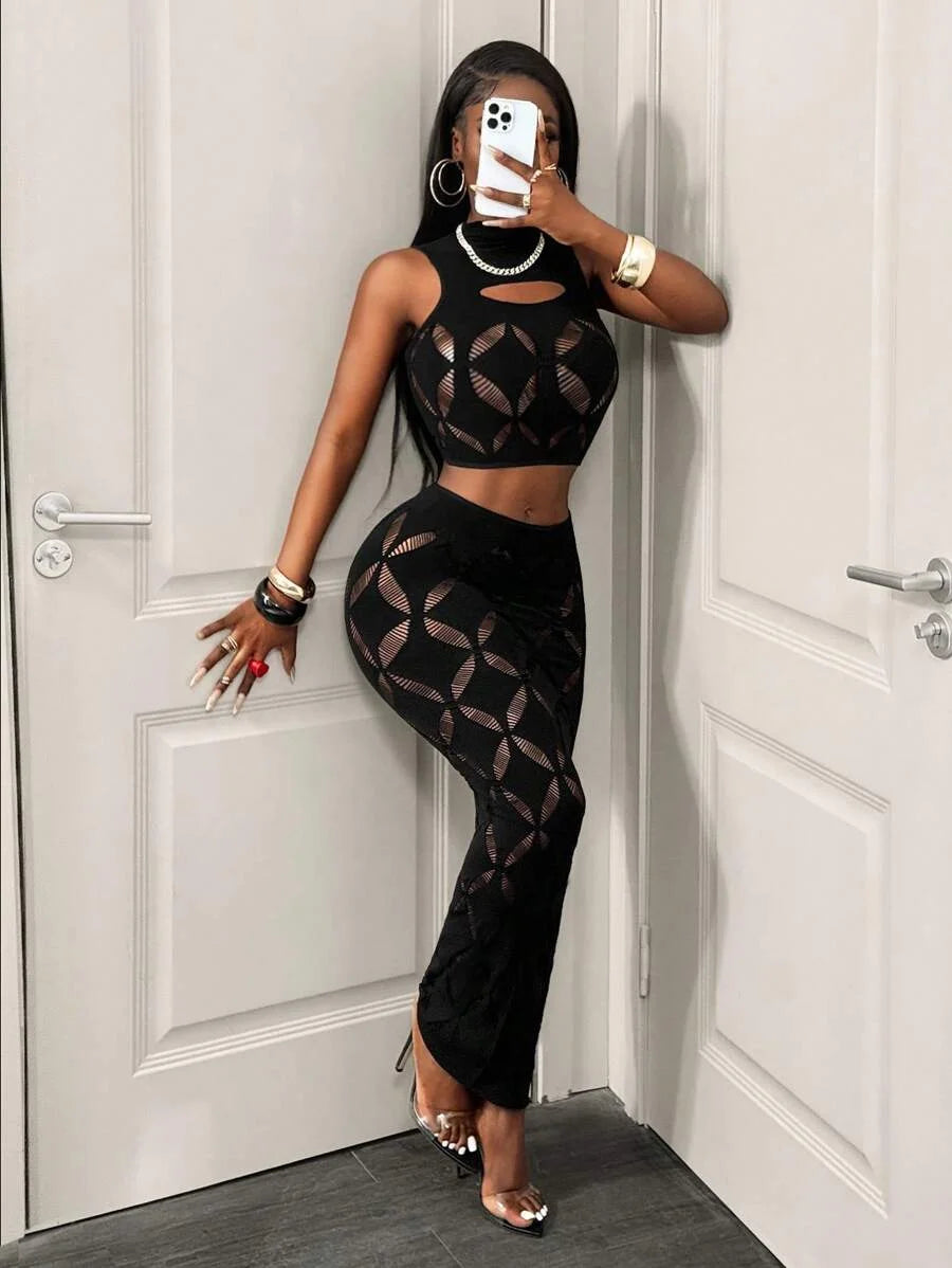 Women's Sexy Two Piece Set See Through Mesh Hollow Out Crop Tank & High Waist Bodycon Mini Skirt Stretchy Clubwear