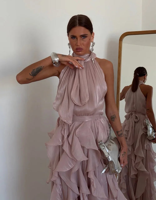Load image into Gallery viewer, Women's Sleeveless Halter Neck Ruffle Maxi Dress Elegant Chiffon Tiered Waist Cinching Ankle-Length Solid Color Party Dress
