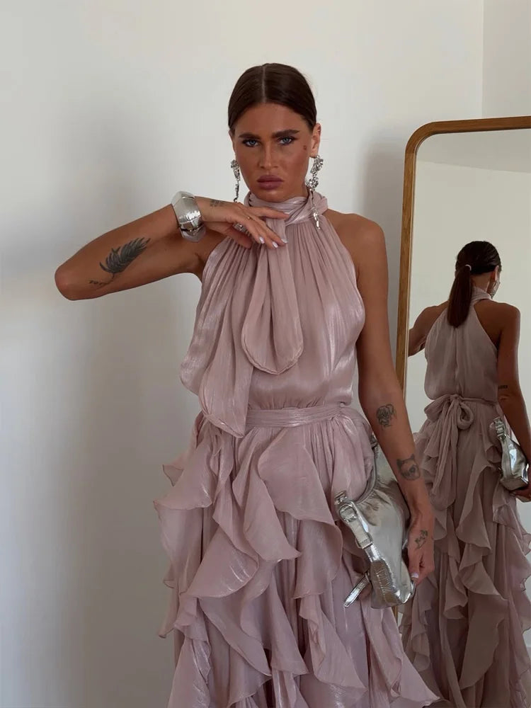 Women's Sleeveless Halter Neck Ruffle Maxi Dress Elegant Chiffon Tiered Waist Cinching Ankle-Length Solid Color Party Dress