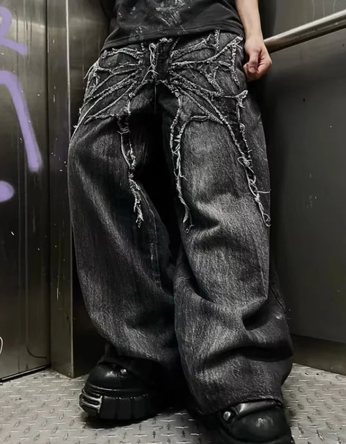 Load image into Gallery viewer, Men's Gothic Retro Baggy Y2K Phantom Jeans High Street Spider Embroidered Patch
