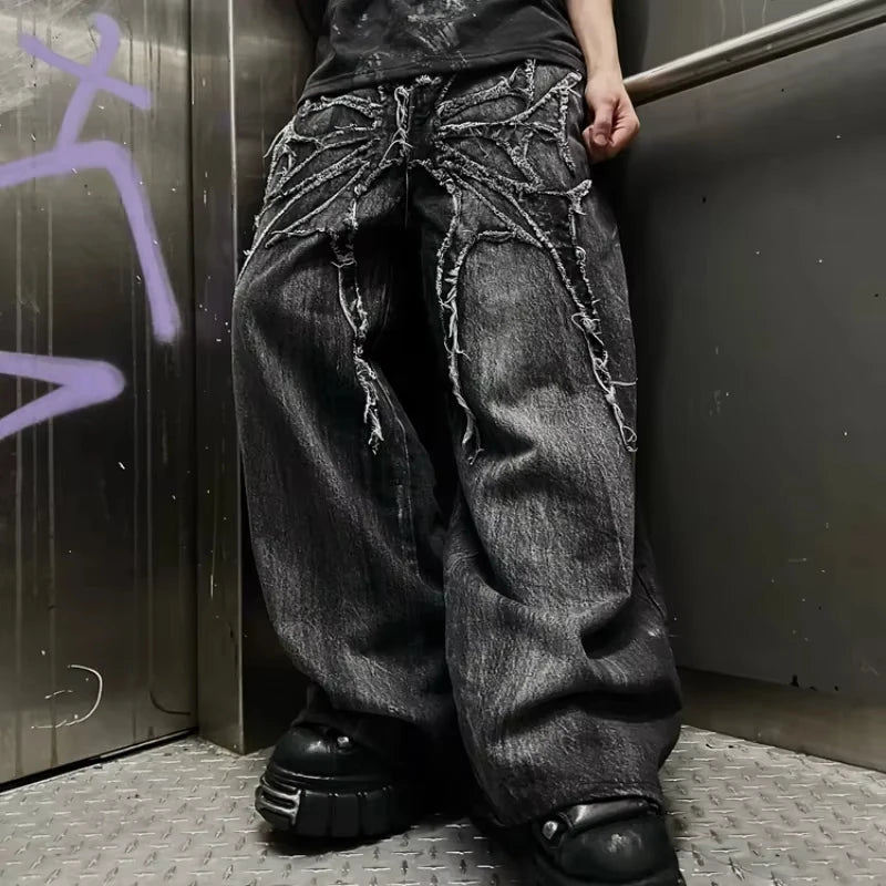 Men's Gothic Retro Baggy Y2K Phantom Jeans High Street Spider Embroidered Patch