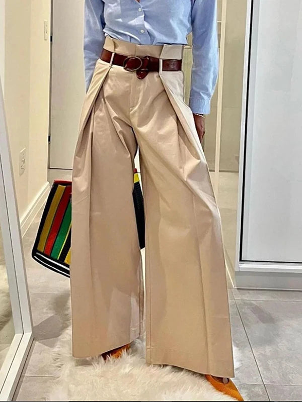 2026 Women's Fashion Commuter Pants Apricot Elastic High Waist Pleated Trousers Full-Length Wide Leg Bottoms for Female