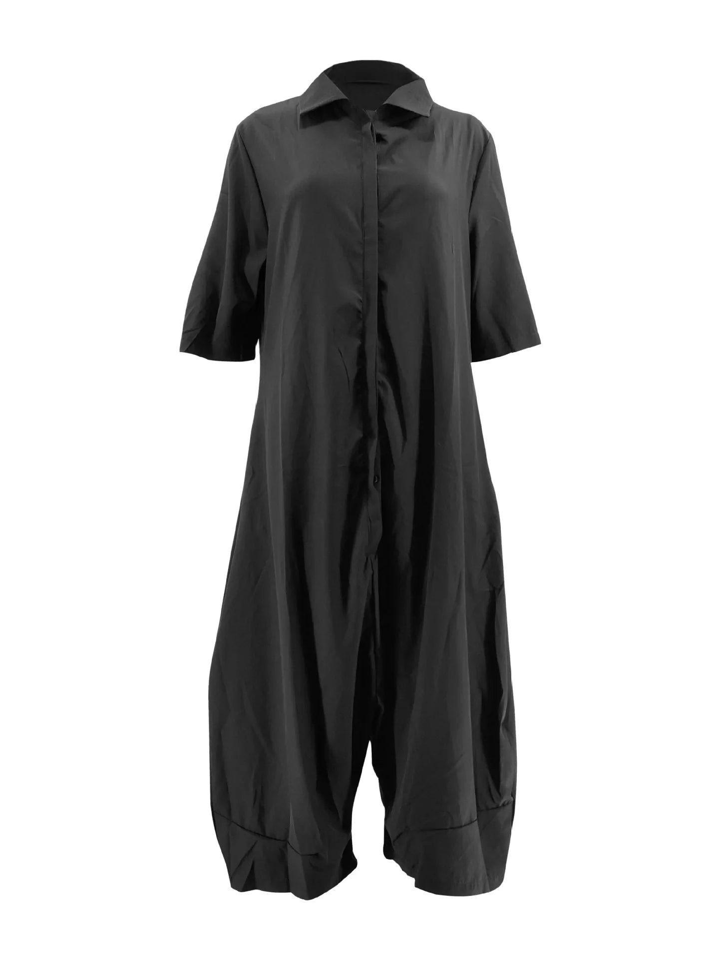 Women Plus Size Jumpsuit 3/4 Sleeve Pocket  Harem Pants Rompers Single Breasted Loose Outfits
