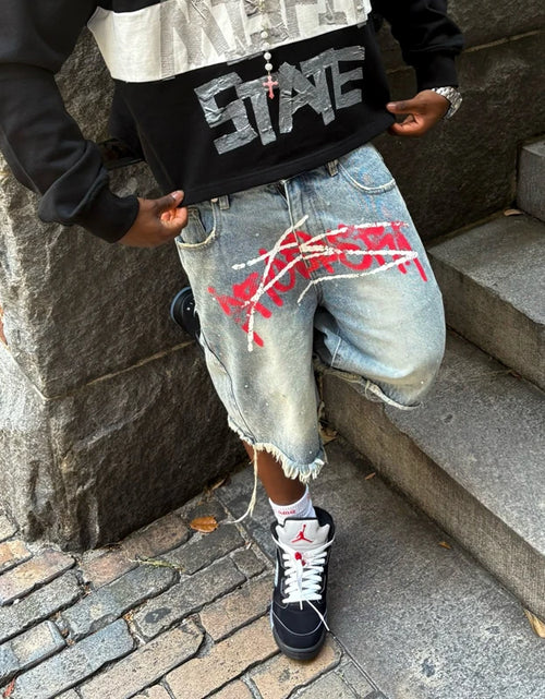 Load image into Gallery viewer, Men's Graffiti Shorts Rhinestone Distressed Printed Denim Shorts
