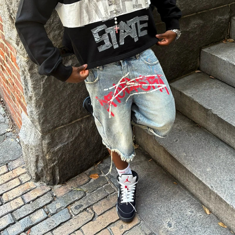 Men's Graffiti Shorts Rhinestone Distressed Printed Denim Shorts