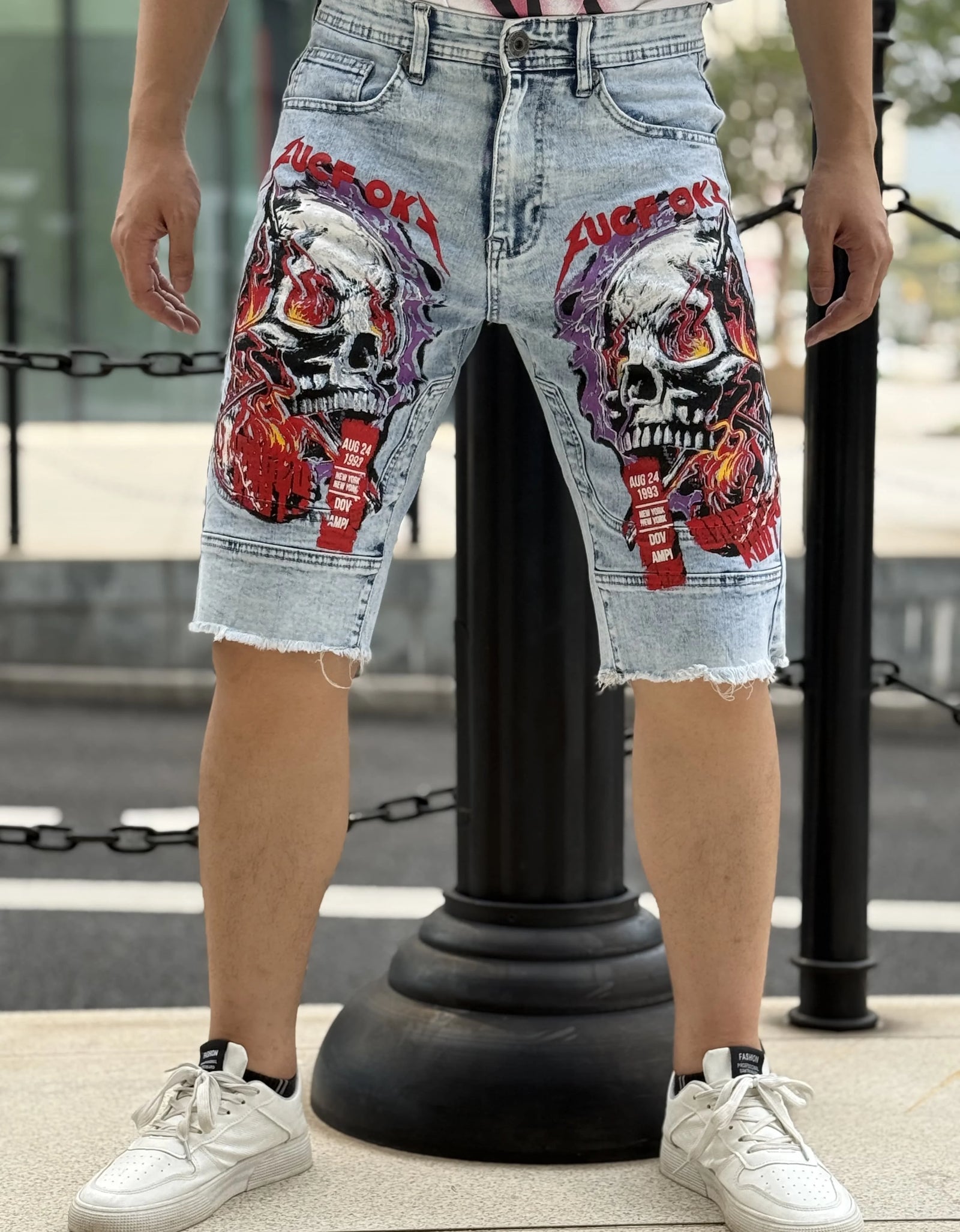 Trendy Men's Denim Shorts   Fashion Devil Print   Washed and Antique Finish   Hole and Wear Effects