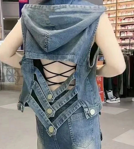 Women's style backless fashion simple jean vest  lightweight