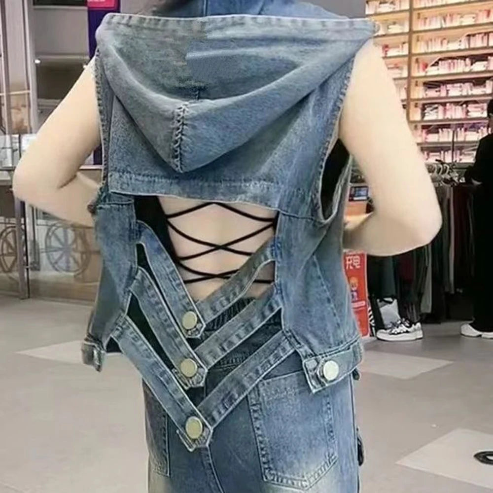 Women's style backless fashion simple jean vest  lightweight