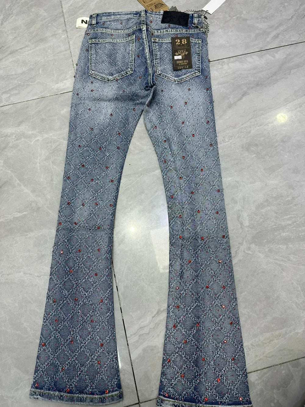 2026 Rhinestone Men's High Street quality Slim Fit Skinny long Denim Flared Jeans Pants