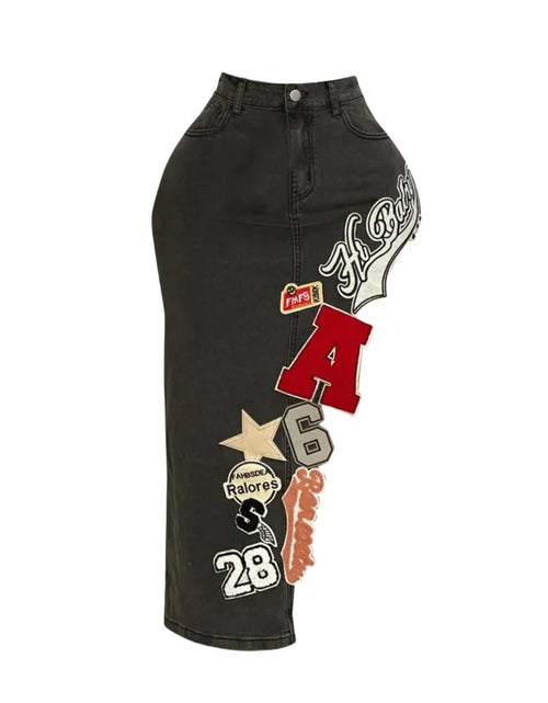 Load image into Gallery viewer, Women's Letter Embroidery Asymmetrical Denim Skirt Vintage Button Fly High Waist Stretch Jeans Calf-length
