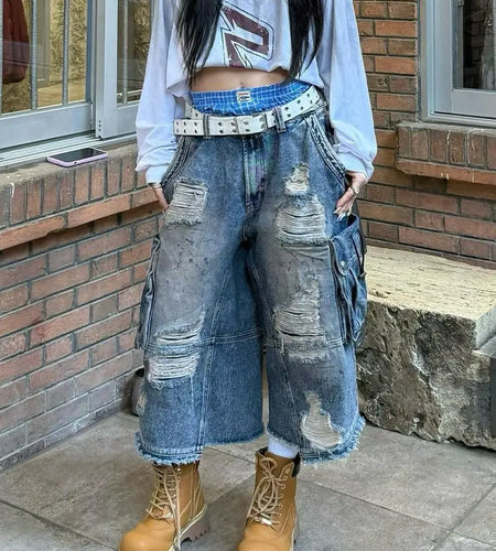 Women's Vintage Old Baggy Denim Shorts Distressed Denim Cropped Pants