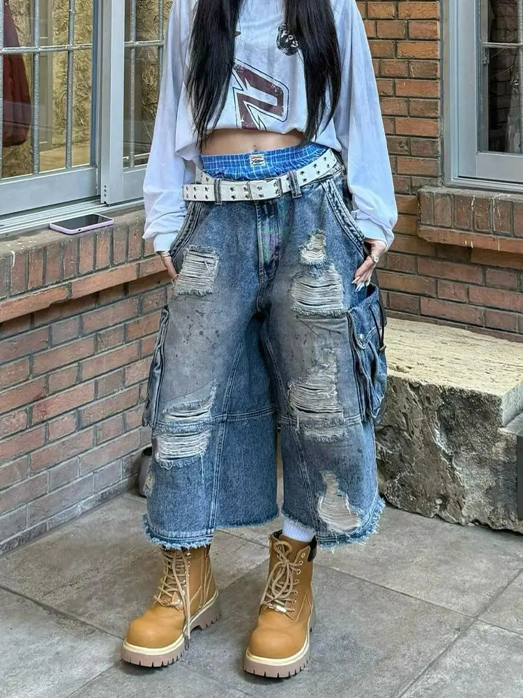 Women's Vintage Old Baggy Denim Shorts Distressed Denim Cropped Pants