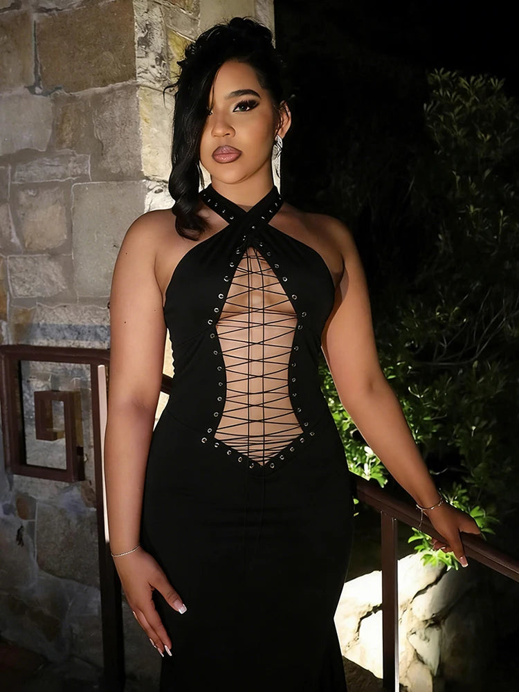 Women's Sexy Hollow Long Halter Backless Cross Bandage Decoration High Waist
