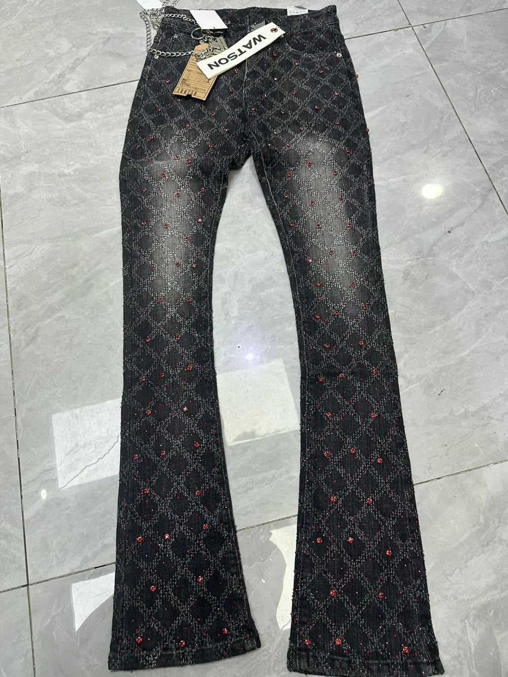 2026 Rhinestone Men's High Street quality Slim Fit Skinny long Denim Flared Jeans Pants